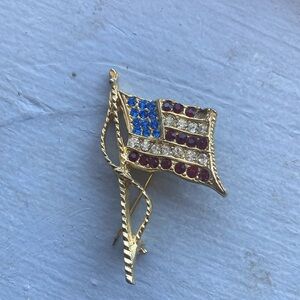 Gold American Flag Brooch with Red, White, and Blue Crystals